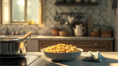 A cozy kitchen scene featuring a bowl of freshly made popcorn, inviting warmth from sunlight and an atmosphere perfect for casual snacking and enjoyment.の素材