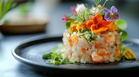 A beautifully presented seafood risotto topped with vibrant edible flowers and fresh herbs, showcasing a modern culinary approach to gourmet dining.の素材