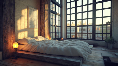 A cozy bedroom featuring soft bedding and large windows that bathe the room in natural light, creating a warm and inviting atmosphere perfect for relaxation.の素材