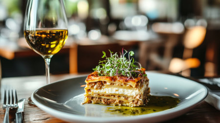 A beautifully plated lasagna garnished with fresh herbs, accompanied by a glass of white wine. Perfect for showcasing fine dining and Italian cuisine.の素材