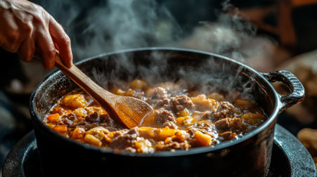 A close-up of a hand stirring a simmering stew in a pot. The steam rises, creating an inviting aroma as the dish cooks. Perfect for showcasing cozy home cooking.の素材
