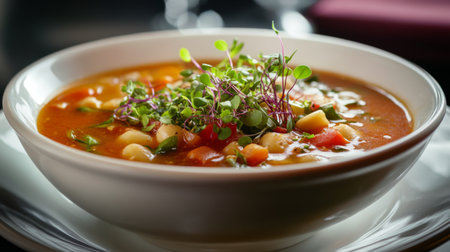 A vibrant bowl of fresh vegetable soup garnished with herbs, showcasing colorful ingredients that offer a healthy and delicious meal option. Perfect for various dining occasions.の素材