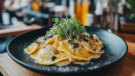 A beautifully plated dish of ravioli garnished with fresh microgreens, showcasing a creamy sauce. Perfect for food lovers and dining experiences.の素材