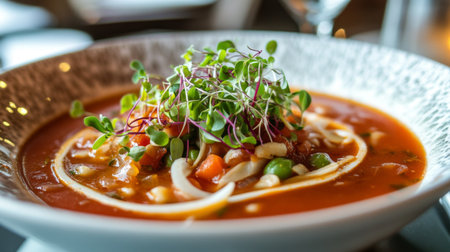 A vibrant bowl of fresh vegetable soup garnished with microgreens. Ideal for showcasing healthy dining and comforting meals in culinary photography.の素材
