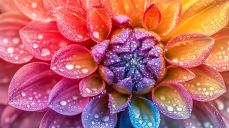 Close-up view of a vibrant dahlia flower, showcasing colorful petals adorned with water droplets, highlighting the beauty and detail of nature's artistry.の素材