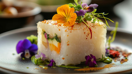 A beautifully arranged culinary dessert featuring vibrant edible flowers and fresh ingredients, showcasing a modern take on sushi and gourmet cuisine.の素材