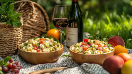 Enjoy a vibrant outdoor dining scene featuring fresh pasta and red wine, surrounded by colorful fruits and a lush garden. Perfect for cozy gatherings.の素材