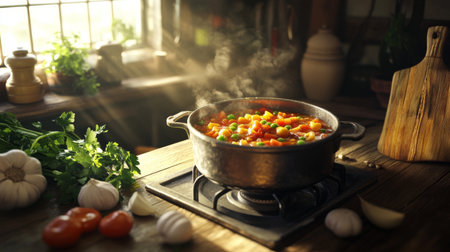 A vibrant vegetable stew simmers in a rustic kitchen, surrounded by fresh ingredients and herbs. Sunlight streams in, creating a warm and inviting atmosphere.の素材