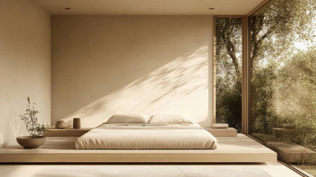 A serene minimalist bedroom featuring soft bedding and natural light flowing through large windows, creating a peaceful and inviting atmosphere. Ideal for relaxation.の素材