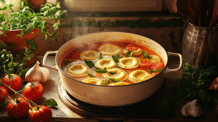 A vibrant pot of homemade ravioli simmering in rich tomato sauce, garnished with fresh basil and garlic. Perfect for culinary enthusiasts!の素材