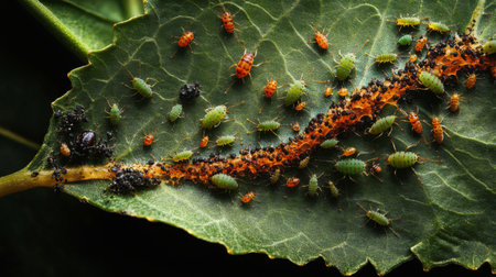 A detailed macro view of various insects on a leaf, showcasing their vibrant colors and complex patterns. This image highlights the intricate relationships in nature.の素材