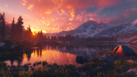 A tranquil sunset illuminates a mountain lake, reflecting vibrant colors and a peaceful atmosphere, perfect for outdoor enthusiasts and nature lovers.の素材