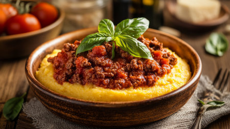 A vibrant bowl of creamy polenta topped with savory meat sauce and fresh basil. Perfect for showcasing comfort food and rustic culinary delights.の素材