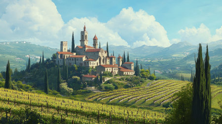 Explore a stunning vineyard landscape featuring a historic castle nestled among rolling hills and vibrant greenery, perfect for travel and tourism imagery.の素材