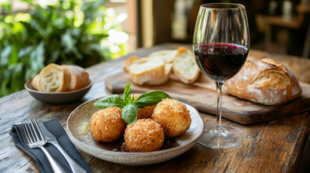 A beautifully arranged plate of crispy appetizers paired with a glass of red wine and fresh bread, perfect for a cozy dining experience.の素材