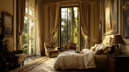 A serene and elegant bedroom bathed in natural light, featuring classic decor and soft furnishings that create a tranquil atmosphere for relaxation.の素材