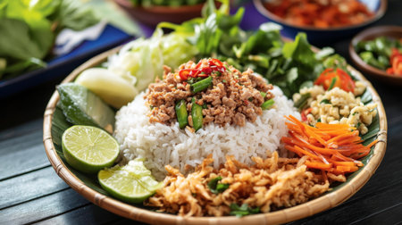 A vibrant Vietnamese rice dish featuring fresh herbs, colorful vegetables, lime wedges, and spices, perfect for a healthy meal or culinary exploration.の素材