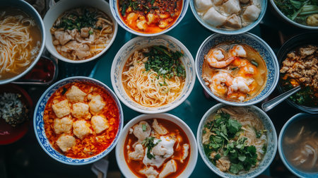 A vibrant assortment of bowls filled with various delicious Asian noodle dishes, showcasing rich flavors and fresh ingredients perfect for any meal.の素材