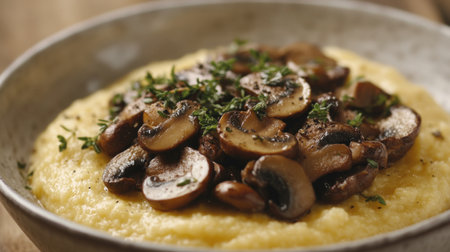 A vibrant, creamy polenta dish topped with sautの素材