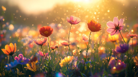 A captivating scene of blooming flowers illuminated by warm sunlight, showcasing vibrant colors and droplets of dew, perfect for nature-themed visuals.の素材