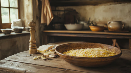 A rustic kitchen scene featuring a large wooden bowl of grated cheese on a table. The setting exudes a cozy ambiance with vintage kitchenware and fresh herbs, perfect for culinary photography.の素材
