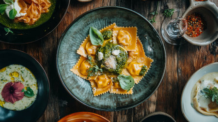 Indulge in this gourmet pasta dish featuring vibrant ravioli topped with fresh herbs and a rich sauce, served on a rustic wooden table.の素材
