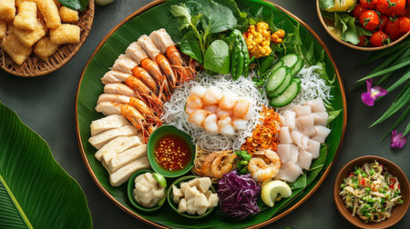 A vibrant seafood and vegetable platter featuring fresh ingredients, beautifully arranged for a healthy and delightful dining experience. Perfect for events.の素材