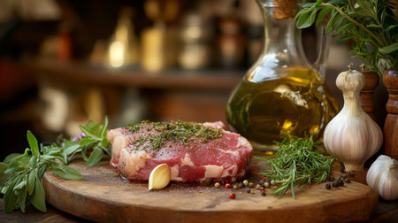 A fresh cut of meat seasoned with herbs and garlic rests on a rustic wooden cutting board, accompanied by olive oil and spices, perfect for culinary enthusiasts.の素材