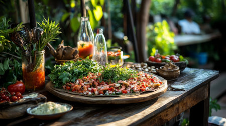 A vibrant spread of fresh vegetables and herbs arranged on a rustic wooden table, highlighting culinary creativity and seasonal flavors in an outdoor setting.の素材