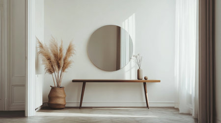 A serene modern interior featuring a round mirror, a wooden table, and decorative plants. Bright sunlight enhances the minimalist decor creating a cozy atmosphere.の素材