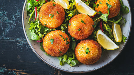 Golden crispy rice balls served on a bed of fresh greens with lemon slices create a delightful and vibrant dish, perfect for any occasion.の素材