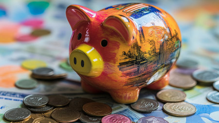 A vibrant piggy bank with artistic designs sits amid scattered coins and various currency notes, representing savings, financial growth, and money management.の素材