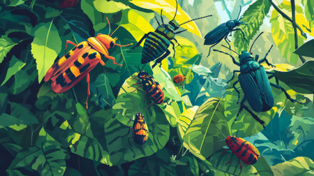 A vibrant illustration showcasing various insects amidst lush green foliage. This artwork captures the beauty and diversity of nature's tiny creatures in a colorful environment.の素材