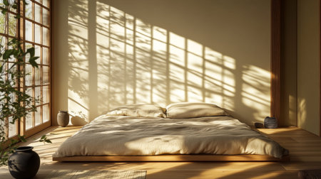 A serene minimalist bedroom showcasing soft bedding and natural light casting gentle shadows, creating a calm and peaceful atmosphere perfect for relaxation.の素材
