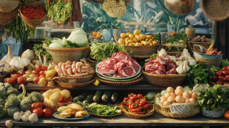 A vibrant market stall showcasing a variety of fresh produce and meat. The colorful arrangement features vegetables, fruits, and meats, highlighting healthy food choices.の素材