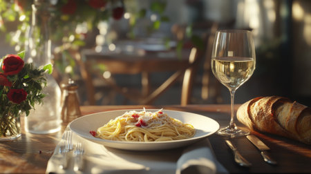 A beautifully arranged plate of spaghetti topped with cheese, complemented by a glass of white wine and roses, creating a warm and inviting dining atmosphere.の素材