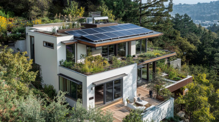 A stunning modern home featuring solar panels and lush greenery, set on a hillside. This eco-friendly design blends seamlessly with nature, promoting sustainability.の素材