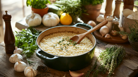 A cozy kitchen scene featuring a pot of creamy risotto surrounded by fresh herbs, garlic, and lemon. Perfect for culinary inspiration and rustic cooking.の素材