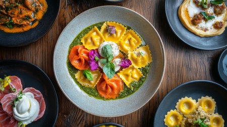 Vibrant ravioli dish featuring fresh ingredients and colorful garnishes, perfect for showcasing gourmet dining experiences in restaurant settings.の素材