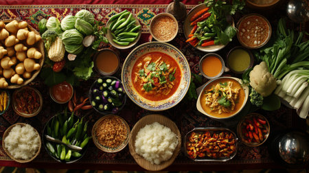An enticing spread of various Asian dishes showcasing fresh vegetables, aromatic spices, and vibrant colors, perfect for a festive gathering or culinary experience.の素材