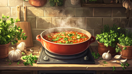 A vibrant pot of fresh vegetable stew simmers in a rustic kitchen, surrounded by fragrant herbs and garlic, creating a cozy and inviting atmosphere.の素材