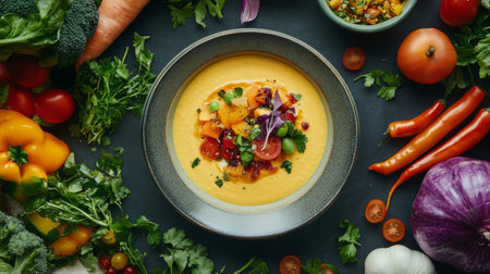 A vibrant bowl of vegetable soup surrounded by fresh ingredients. This colorful dish showcases a variety of healthy vegetables and spices, perfect for any meal.の素材