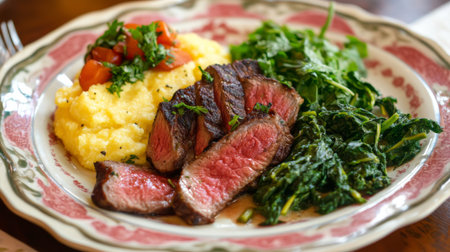 A vibrant plate featuring grilled steak, creamy mashed potatoes, and sautの素材