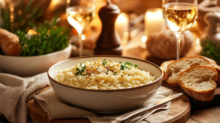 A beautiful risotto dish garnished with parsley, served with a glass of white wine. This elegant setting features rustic elements and warm lighting.の素材