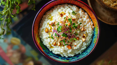 A vibrant bowl of creamy risotto topped with fresh herbs and nuts. This dish highlights texture and flavor, perfect for a comforting meal, showcasing culinary artistry.の素材