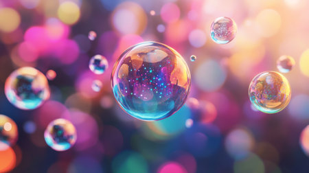 Beautiful and colorful soap bubbles floating against a dreamy background filled with soft bokeh lights, creating a whimsical and magical atmosphere.の素材