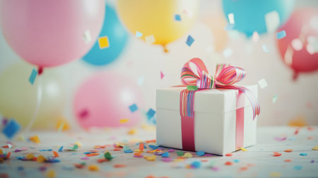 A beautifully wrapped gift box adorned with a pink ribbon sits among colorful balloons and scattered confetti, creating a festive atmosphere perfect for celebrations and special occasions.の素材