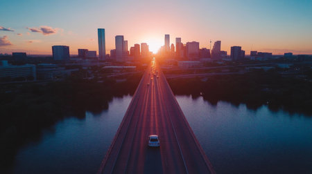 A stunning aerial view capturing the sunset over a city skyline with a bustling road and a serene river, creating a perfect blend of urban and nature.の素材
