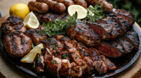 A mouthwatering assortment of grilled meats, including steaks and sausages, garnished with fresh lemon and herbs. Ideal for outdoor gatherings.の素材