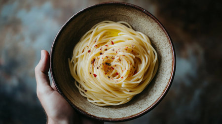 A close-up shot of a hand holding a bowl of spaghetti sprinkled with chili flakes. This image captures the warmth and comfort of a homemade pasta dish.の素材